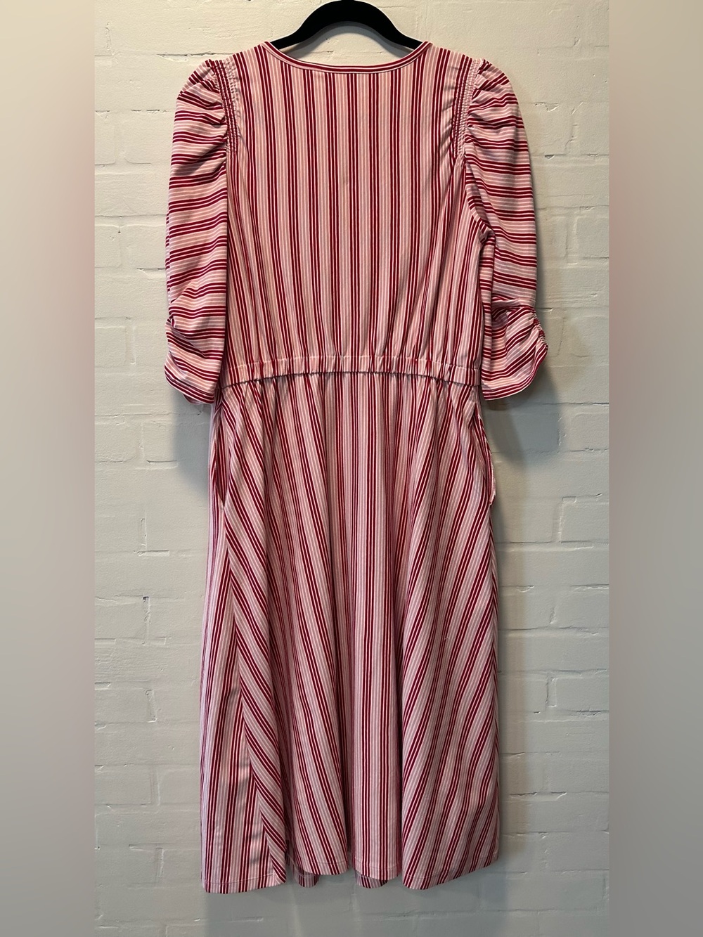 Matilda Jane Red Pink White Striped Midi Dress Puff Sleeve Cottagecore Small - Picture 5 of 8